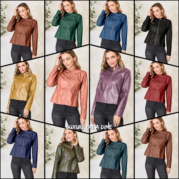 Chic Moto Vegan Leather Jacket Zip-up Sleek Snap Mock Neck Trendy Peacock Blue - Picture 11 of 11